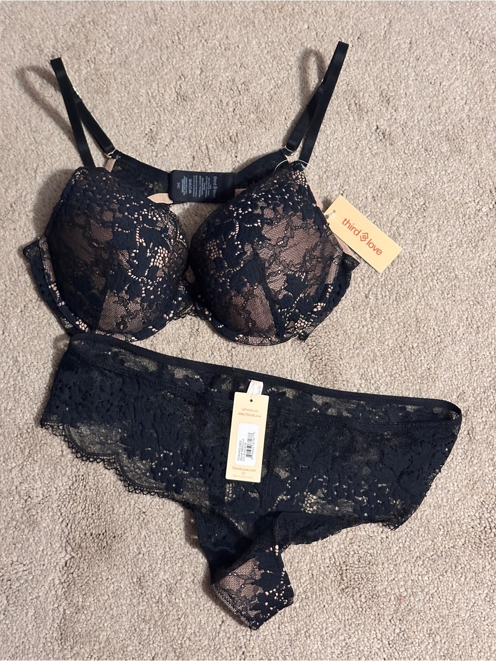 ThirdLove Black Lace Push-Up Bra with Matching Lace Briefs